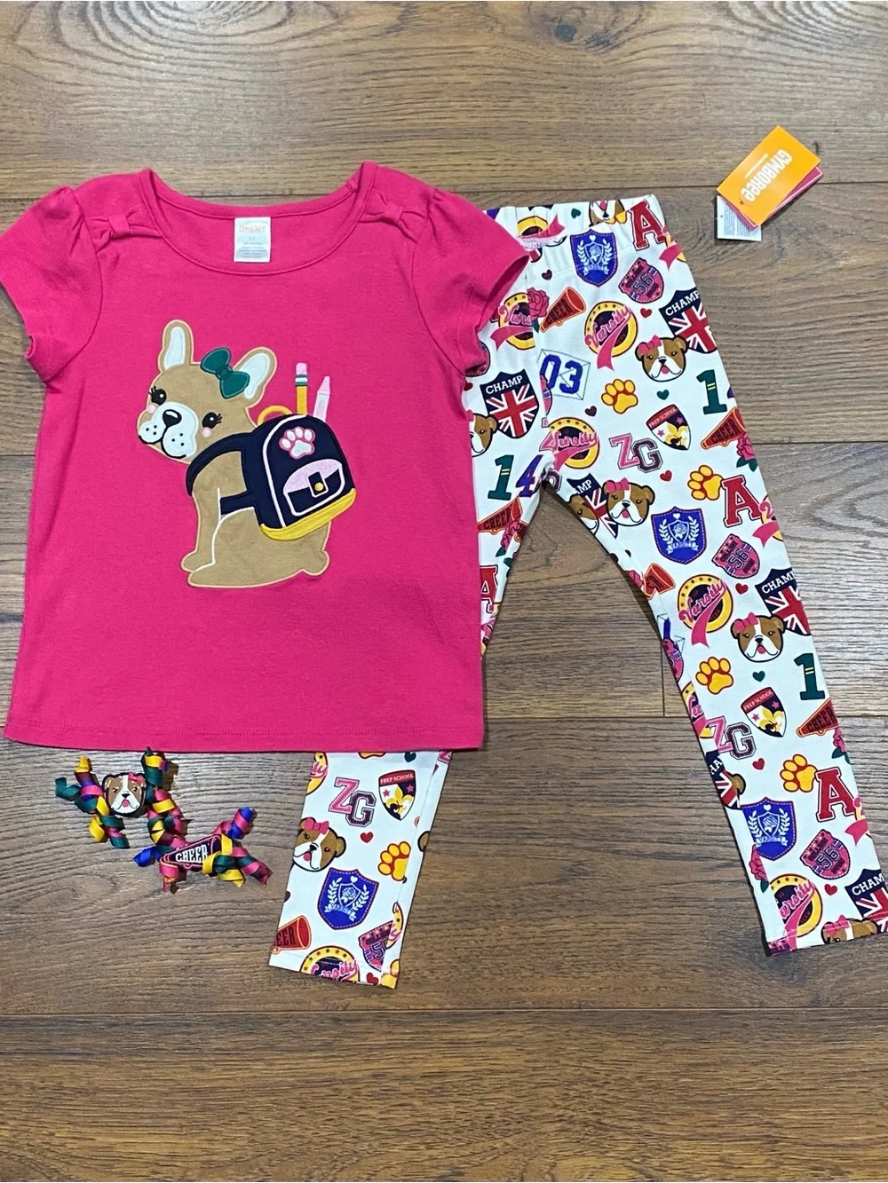 Gymboree Girls Hot Pink ‘Prep School’ Set Top, Leggings, Hair Clips Size 5T/4T
